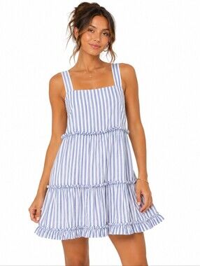Rails Sandy Blue Iris Stripe Linen Blend Tiered Ruffle Mini Dress XL